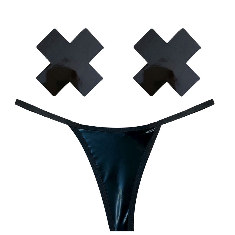 Dom Squad Black Wet Vinyl Pastie & G-String Set | One Size