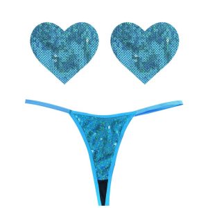 Mahi Mahi Blue Sequin G-String and Heart Pastie Set | One Size